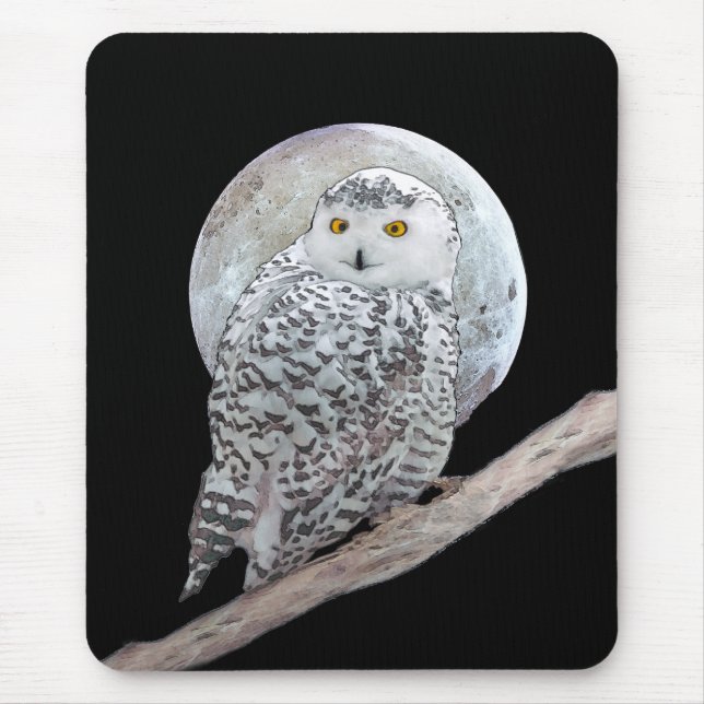 Snowy Owl and Moon Painting - Original Bird Art Mouse Pad (Front)