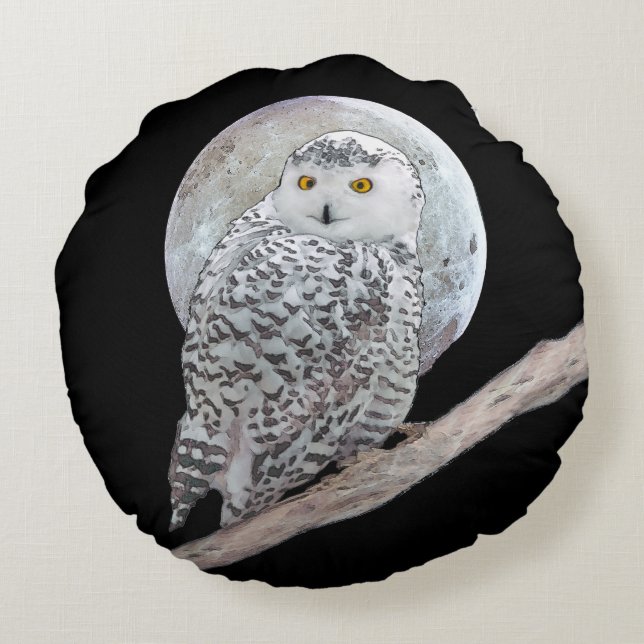Snowy Owl and Moon Painting - Original Bird Art Round Cushion (Back)