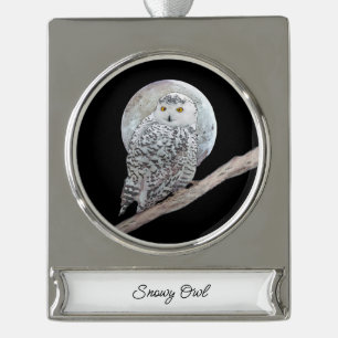 Snowy Owl and Moon Painting - Original Bird Art Silver Plated Banner Ornament