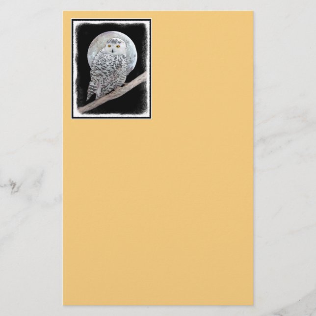 Snowy Owl and Moon Painting - Original Bird Art Stationery (Front)