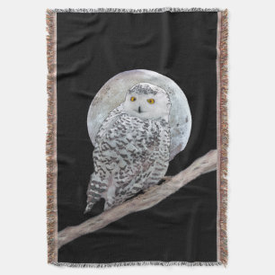 Snowy Owl and Moon Painting - Original Bird Art Throw Blanket