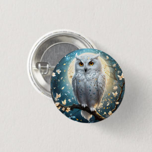 Snowy Owl And Moon With Sparkle, 3 Cm Round Badge