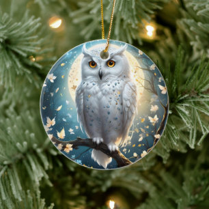 Snowy Owl And Moon With Sparkle, Ceramic Ornament