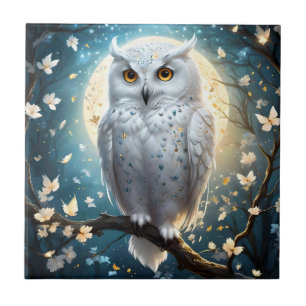 Snowy Owl And Moon With Sparkle, Ceramic Tile