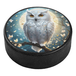 Snowy Owl And Moon With Sparkle, Hockey Puck