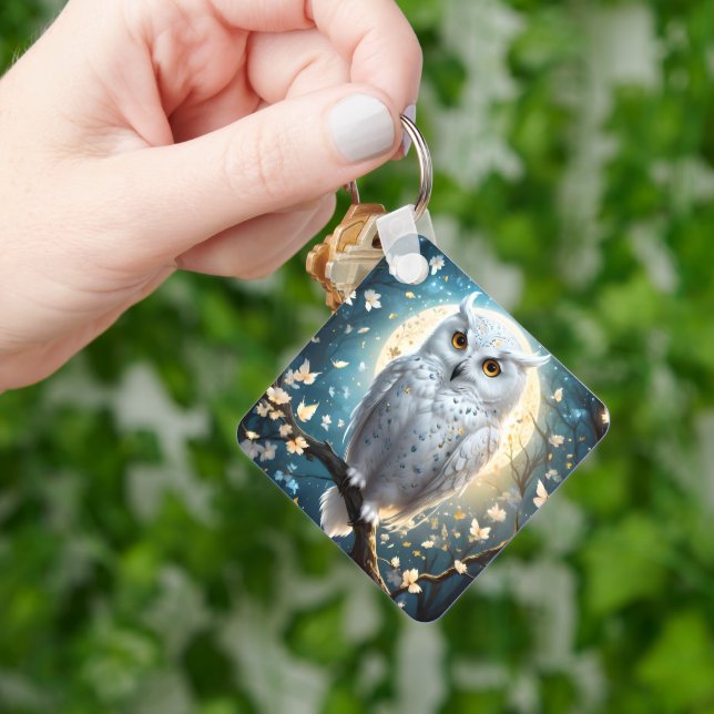 Snowy Owl And Moon With Sparkle, Key Ring (Hand)