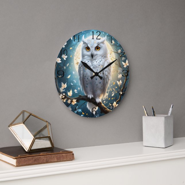 Snowy Owl And Moon With Sparkle, Large Clock (Office)