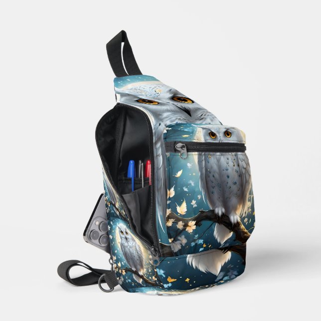 Snowy Owl And Moon With Sparkle,  Sling Bag (Open)