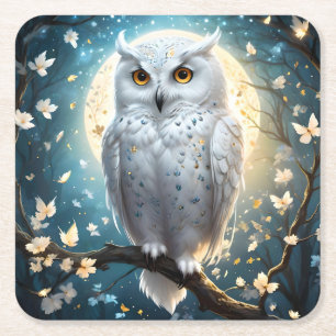 Snowy Owl And Moon With Sparkle, Square Paper Coaster