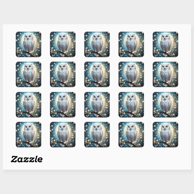 Snowy Owl And Moon With Sparkle, Square Sticker (Sheet)