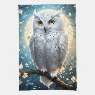 Snowy Owl And Moon With Sparkle, Tea Towel