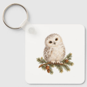 Snowy Owl Chick in a Fir Tree Key Ring