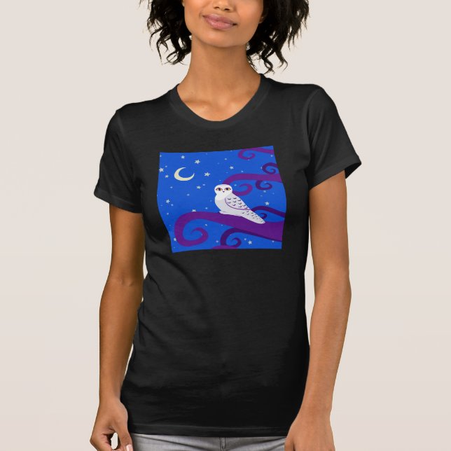 Snowy Owl Crescent Moon Night Forest Art T-Shirt (Front)