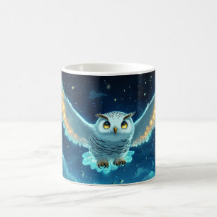 snowy owl flying in the night sky. coffee mug