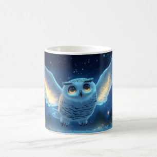 snowy owl flying in the night sky. coffee mug
