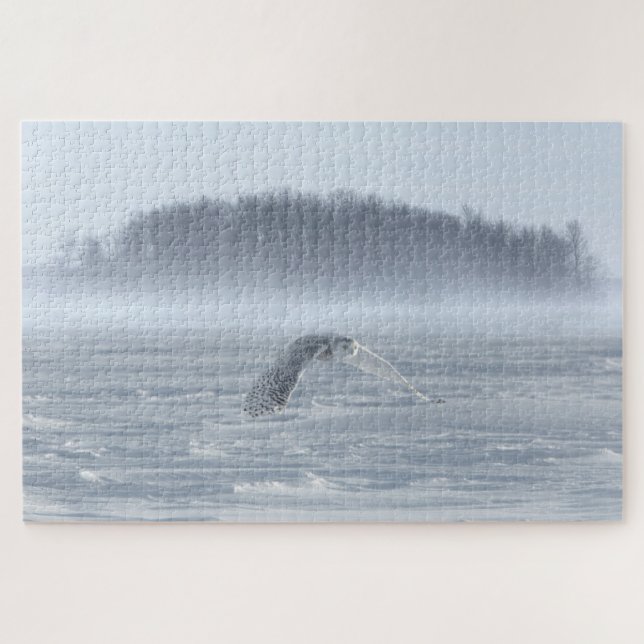 Snowy Owl Flying In Winter Jigsaw Puzzle (Horizontal)