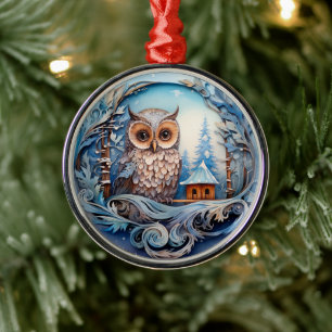 Snowy Owl in a Winter Wonderland, Christmas Metal Ornament