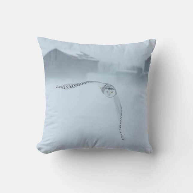 Snowy Owl In Flight In Winter Cushion (Front)