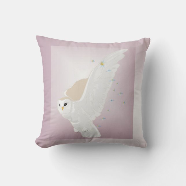 Snowy Owl in Flight on Lavender Background Cushion (Front)
