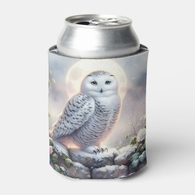 Snowy Owl in Moonlit Winter Garden Can Cooler (Can Front)
