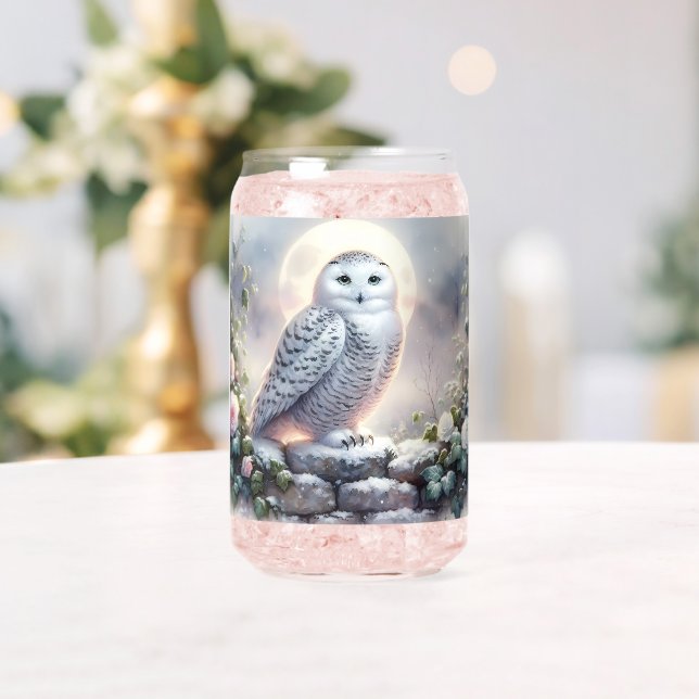 Snowy Owl in Moonlit Winter Garden Can Glass (Insitu (Wedding))