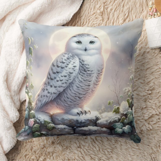Snowy Owl in Moonlit Winter Garden Cushion (Blanket)