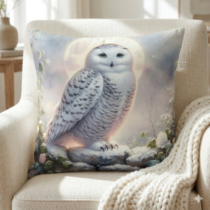 Snowy Owl in Moonlit Winter Garden Cushion