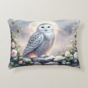 Snowy Owl in Moonlit Winter Garden Decorative Cushion