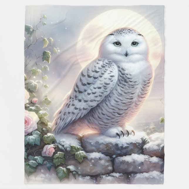 Snowy Owl in Moonlit Winter Garden Fleece Blanket (Front)
