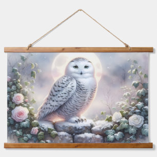 Snowy Owl in Moonlit Winter Garden Hanging Tapestry