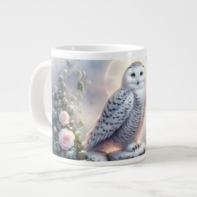 Snowy Owl in Moonlit Winter Garden Large Coffee Mug (Front Left)