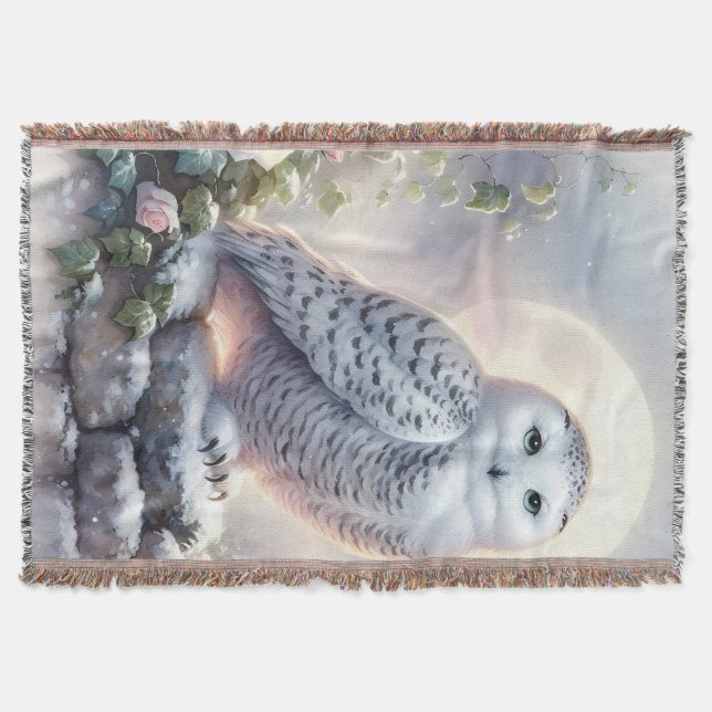 Snowy Owl in Moonlit Winter Garden Throw Blanket (Front)