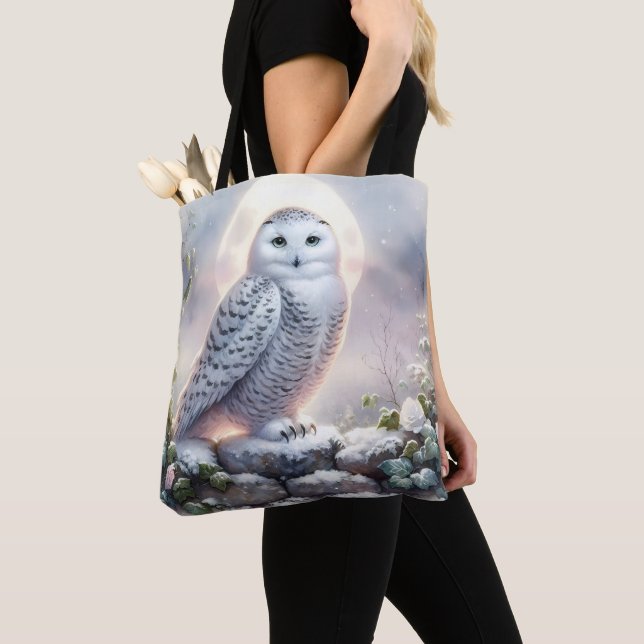Snowy Owl in Moonlit Winter Garden Tote Bag (Close Up)