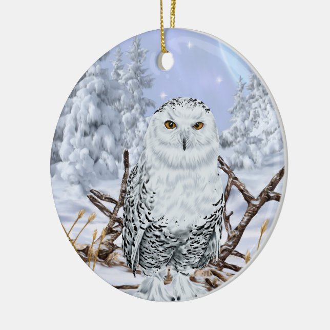 Snowy Owl in Snow Ceramic Tree Decoration (Left)