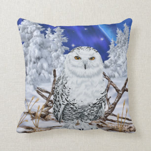 Snowy Owl in Snow Dark Blue Sky Cushion