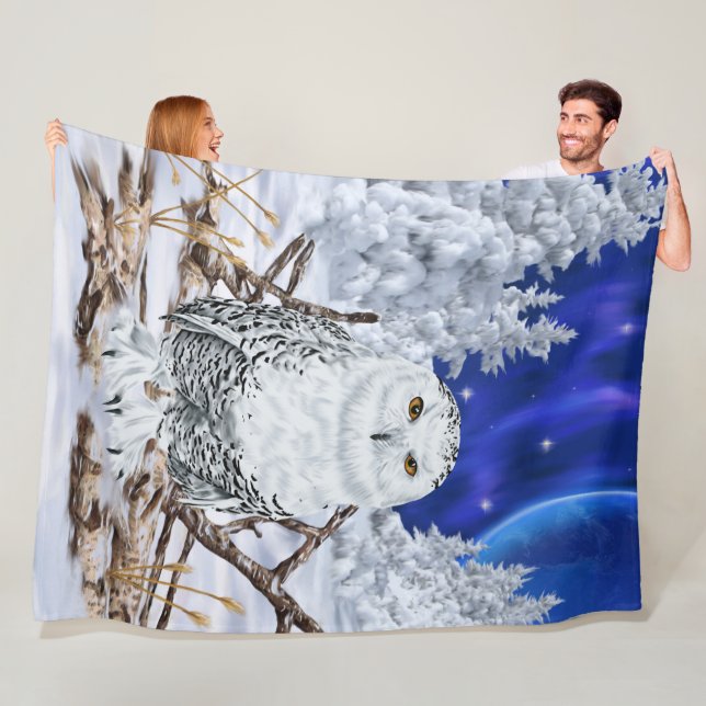 Snowy Owl in Snow Dark Blue Sky Fleece Blanket (In Situ)