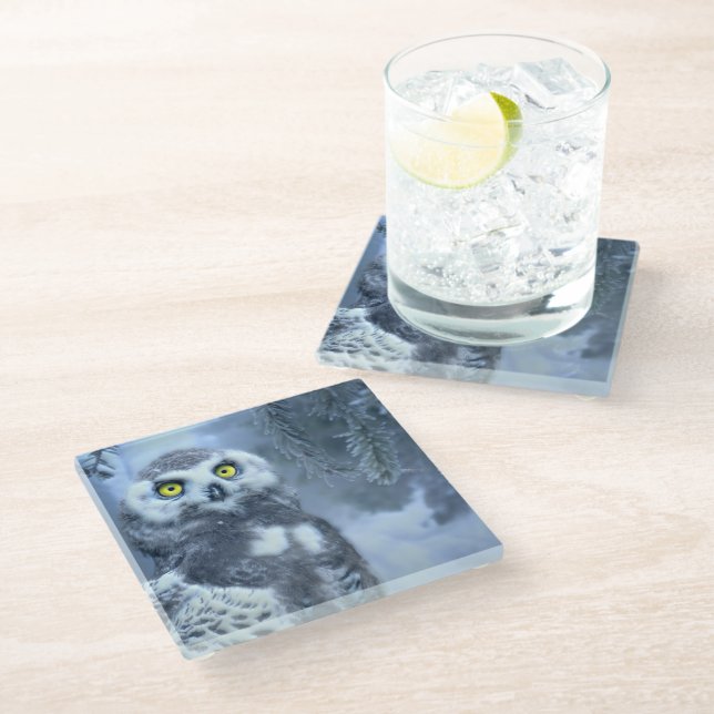 Snowy Owl in Winter Glass Coaster (Angled)
