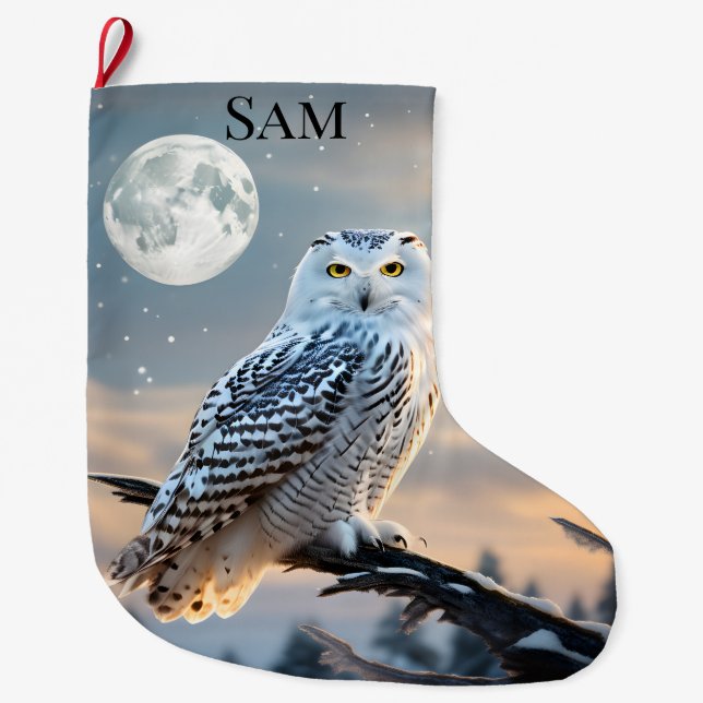Snowy Owl in Winter Moonlight with Snow Falling Large Christmas Stocking (Front)