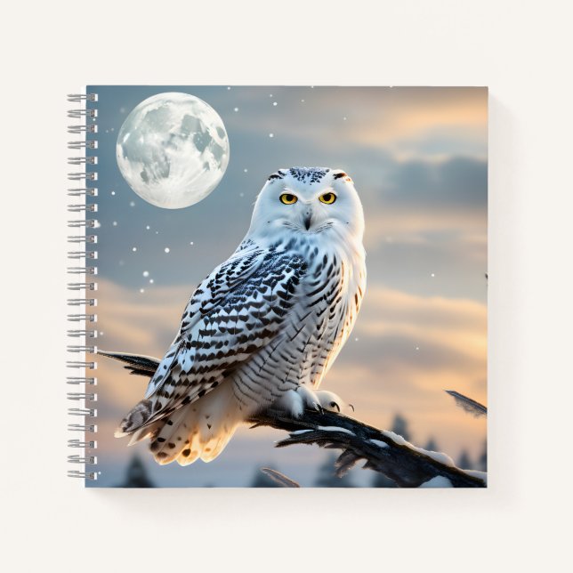 Snowy Owl in Winter Moonlight with Snow Falling Notebook (Front)