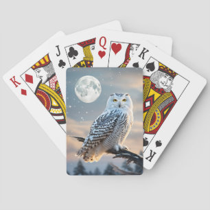 Snowy Owl in Winter Moonlight with Snow Falling Playing Cards