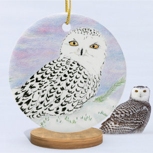 Snowy Owl In Winter Sunset Colour Pencil  Ceramic Ornament