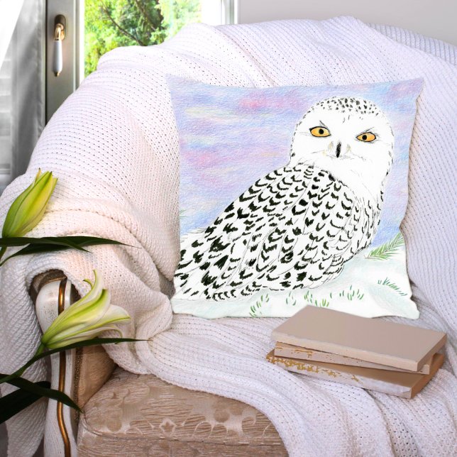 Snowy Owl In Winter Sunset Colour Pencil Cushion (Creator Uploaded)