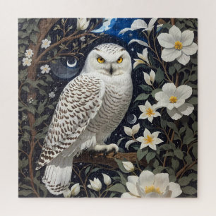 Snowy Owl Moonlight Moonflowers Jigsaw Puzzle