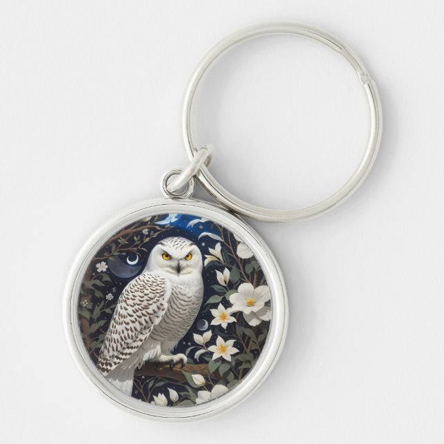 Snowy Owl Moonlight Moonflowers Key Ring (Front)