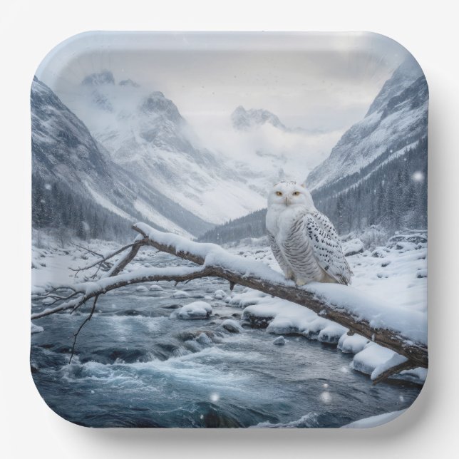 Snowy Owl On a Winter Tree Branch Paper Plate (Front)