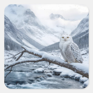 Snowy Owl On a Winter Tree Branch Square Sticker