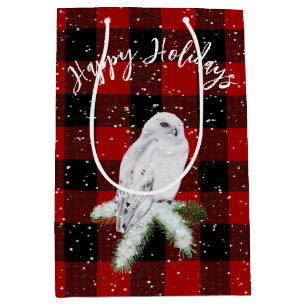 Snowy Owl On Buffalo Plaid Medium Gift Bag