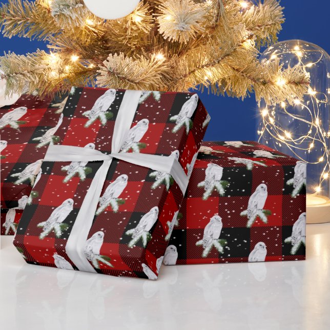 Snowy Owl On Buffalo Plaid Wrapping Paper (Holidays)