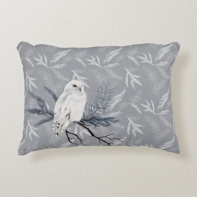 Snowy Owl On Winter Pine Decorative Cushion (Front)