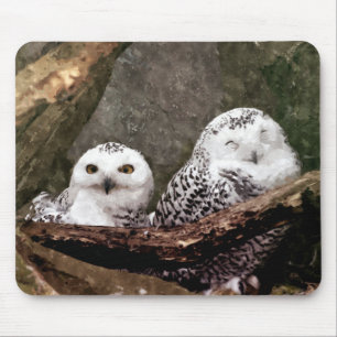 Snowy Owl Pair Woodland Wildlife Art Mouse Pad
